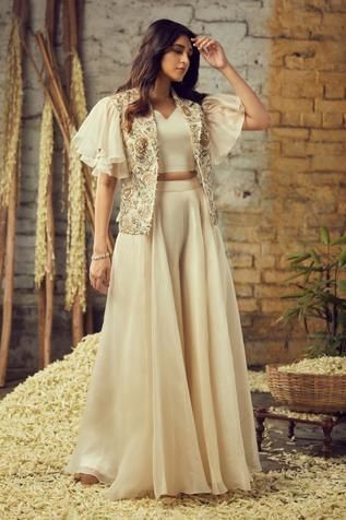 Buy White Organza Embroidery Thread Collared Neck Floral Jacket Sharara Set For Women by Nehha Nhata Online at Aza Fashions_