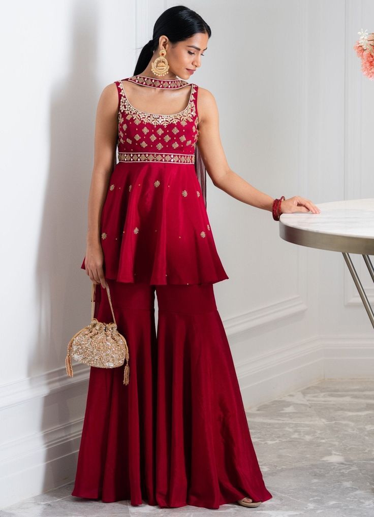 Maroon Peplum Kurta and Sharara Set - Ready to Ship - MySize